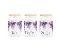 Purely Home Purple Wisteria Tea Coffee & Sugar Canister Set - Ceramic Kitchen Storage Containers with Wooden Lid 600ml (14.5cm x 9.5cm)
