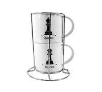 Purely Home Queen Stacking Mugs Set Gift - Black Chess Pieces Ceramic Cups Set Of 2 With Metal Stand, Classic Game Gifts For Couples