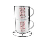 Purely Home Queen Stacking Mugs Set Gift - Red Playing Cards Ceramic Cups Set of 2 with Metal Stand, Classic Game Gifts for Couples