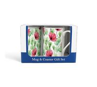Purely Home Red Floral Mug & Coaster Gift Set - Glass Flowers Poppies Bone China Mug and Glass Coaster Set - Tea/Coffee Present