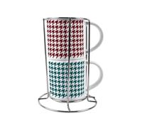 Purely Home Red & Green Houndstooth Stacking Mugs Set - Small Ceramic Cups Gifts - Set of 2 with Metal Stand