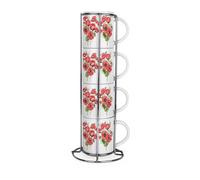 Purely Home Red Poppies Stacking Mugs Set - Floral Presents For Her - Set Of 4 Ceramic Mugs Gift Set With Metal Stand