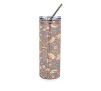 Purely Home Red Strawberry Thief Glass Travel Flask - William Morris Artwork Gifts - Drinks Cup With Metal Straw
