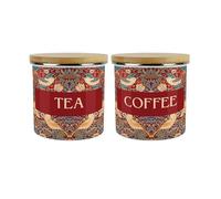 Purely Home Red Strawberry Thief Tea & Coffee Storage Canisters Set - Morris Inspired Floral Tapestry Artwork - Enamel Hot Drinks Containers Set of 2