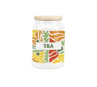 Purely Home Retro Flowers Ceramic Tea Storage Canister - Orange & Yellow Blossoms Kitchen Food Storage Container & Wooden Lid 600ml (14.5cm x 9.5cm)