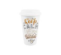 Purely Home Reusable Ceramic Travel Mug - Keep Calm And Get Your Hot Chocolate - Silicone Lid Double-Walled Insulated Hot/cold Drinks Gift Mug
