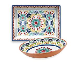 Purely Home Rio Medallion Melamine/Plastic Outdoor/BBQ/Picnic - Oval Bowl & Rectangular Serving Tray Set