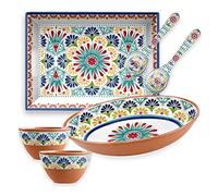 Purely Home Rio Medallion Melamine/Plastic Outdoor/BBQ/Picnic - Oval Bowl, Rectangular Tray, Salad Servers & 2 x Dipping Bowls Set