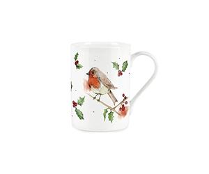 Purely Home Robin Holly Mug - Large Christmas Robins Bone China Style White Xmas Berries Coffee/Tea Present Gift