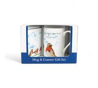 Purely Home Robins Appear Mug & Coaster Gift Set - Sympathies/Loss Bone China Mug and Cork Coaster Set - Tea/Coffee Bird Themed Presents
