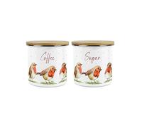 Purely Home Robins Birds Storage Canister Set - White Metal Coffee Sugar Enamel Kitchen Food Storage Containers Set of 2