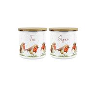 Purely Home Robins Birds Storage Canister Set - White Metal Tea Sugar Enamel Kitchen Food Storage Containers Set of 2