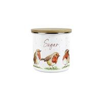 Purely Home Robins Sugar Storage Canister - Birds Nature Animals Metal Enamel Medium Sized Food Storage Container