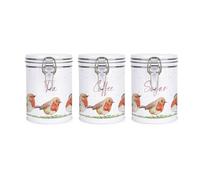 Purely Home Robins Tea, Coffee & Sugar Canister Set - White Metal Clip Lid Kitchen Storage Jar/Container Gift 700ml (13cm x 9.5cm)