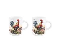 Purely Home Rooster Espresso Cups - Countryside Farm Animals & Birds - Small Mini White Ceramic Coffee Shot Mugs Set of 2