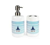 Purely Home Sailing Boats Bathroom Set - Refillable Ceramic Soap Dispenser & Toothbrush Holder