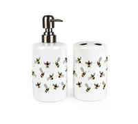 Purely Home Scattered Bees Bathroom Set - Refillable Ceramic Soap Dispenser & Toothbrush Holder