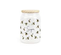 Purely Home Scattered Bees Ceramic Sugar Storage Canister - Bumblebee Ceramic Kitchen Storage Container & Wooden Lid 600Ml (14.5Cm X 9.5Cm)