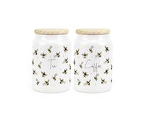 Purely Home Scattered Bees Ceramic Tea & Coffee Storage Canisters - Bumblebee Ceramic Kitchen Food Storage Containers & Wooden Lid 600ml (14.5cm x 9.5cm) - Set of 2