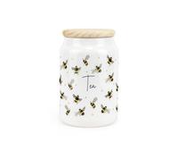 Purely Home Scattered Bees Ceramic Tea Storage Canister - Bumblebee Ceramic Kitchen Food Storage Container & Wooden Lid 600Ml (14.5Cm X 9.5Cm)