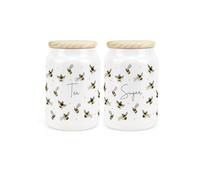 Purely Home Scattered Bees Ceramic Tea & Sugar Storage Canisters - Bumblebee Ceramic Kitchen Food Storage Containers & Wooden Lid 600ml (14.5cm x 9.5cm) - Set of 2