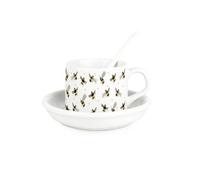Purely Home Scattered Bees Cup & Saucer Set with Spoon - Bumblebees Patterned Ceramic White Mug Coffee/Tea Hot Drinks Present Gift