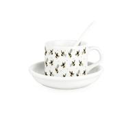 Purely Home Scattered Bees Cup & Saucer Set With Spoon - Bumblebees Patterned Ceramic White Mug Coffee/tea Hot Drinks Present Gift