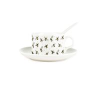 Purely Home Scattered Bees Cup & Saucer Set With Spoon - Bumblebees Patterned Porcelain White Mug Coffee/tea Hot Drinks Present Gift