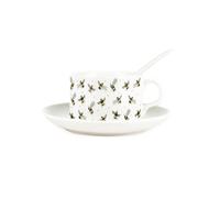 Purely Home Scattered Bees Cup & Saucer Set with Spoon - Bumblebees Patterned Porcelain White Mug Coffee/Tea Hot Drinks Present Gift