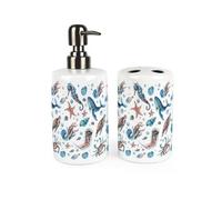 Purely Home Sea Art Bathroom Set - Refillable Ceramic Soap Dispenser & Toothbrush Holder