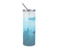 Purely Home Sea Bed Glass Travel Flask - Blue Marine Life Themed Gift/Present - Reusable Frosted Glass Drinks Cup with Spill-Resistant Lid & Metal Straw (750ml)