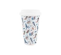 Purely Home Sea Life Ceramic Travel Mug - Ocean Themed Coastal Gift - Silicone Lid Double-Walled Insulated Drinks Mug