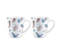 Purely Home Sea Life Latte Mugs Set - Ocean Themed Whales Seashells Jellyfish - Ceramic Cups Set of 2 Tea/Coffee Present Gift
