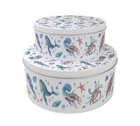 Purely Home Sea Life Set Of 2 Cake Tins Gift - Coastal Nesting Round Large & Medium Metal Storage Containers For Cakes And Baking