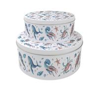 Purely Home Sea Life Set of 2 Cake Tins Gift - Coastal Nesting Round Large & Medium Metal Storage Containers for Cakes and Baking