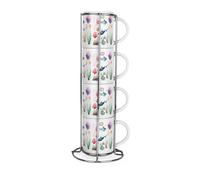 Purely Home Sealife Stacking Mugs Set - Aquatic Ocean Creatures Set of 4 Ceramic Mugs Gift Set with Metal Stand