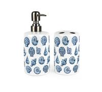 Purely Home Seashells Bathroom Accessories Set - Coastal Seaside Decor Refillable Ceramic Soap Pump Bottle Dispenser & Toothbrush Holder