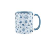 Purely Home Seashells Mug - Light Blue Coastal Striped Mug - Nautical Ceramic Hot Drinks Colours Gift Cup