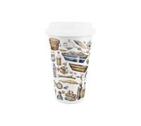 Purely Home Seaside Maritime Aquatic Ceramic Travel Mug - Sailing Fishing Coastal Gift - Silicone Lid Double-Walled Insulated Drinks Mug