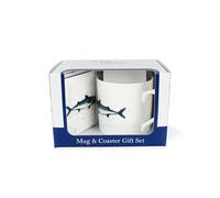 Purely Home Seaside Mug & Coaster Gift Set - Mackerel Fish Coastal Sea Creatures Bone China Mug and Cork Coaster Set - Tea/Coffee Present