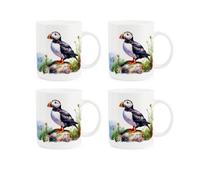 Purely Home Seaside Puffins Bone China Mugs - Set Of 4