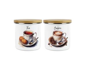 Purely Home Shabby Chic Cup & Saucer Tea & Coffee Canisters Set - Antique Drinkware Homewares Gifts - 1.2L Enamel Kitchen Storage Containers Set of 2