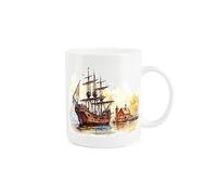 Purely Home Ship Mug - Nautical Old Style Pirate Ship Harbour Mooring Scene Gift/Present - Tea Coffee White Bone China Mug