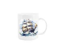 Purely Home Ship Mug - Nautical Old Style Pirate Ship Rough Seas Scene Gift/Present - Tea Coffee White Bone China Mug