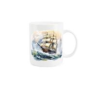 Purely Home Ship Mug - Nautical Old Style Pirate Ship Sunset Rough Seas Scene Gift/Present - Tea Coffee White Bone China Mug