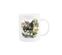 Purely Home Shire Horse Farm Mug - Painted Watercolour River Walk Scene Gift Present - Tea Coffee White Bone China Mug