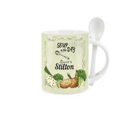 Purely Home Soup Mug and Spoon Set - Broccoli and Stilton Soup of The Day - Ceramic White and Green Soup Mug with Spoon in Handle