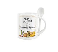 Purely Home Soup Mug and Spoon Set - Butternut Squash Soup of The Day - Ceramic White Soup Mug with Spoon in Handle