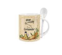 Purely Home Soup Mug and Spoon Set - Carrot and Coriander Soup of The Day - Ceramic White and Brown Soup Mug with Spoon in Handle