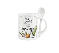 Purely Home Soup Mug and Spoon Set - Cream of Asparagus Soup of The Day - Ceramic White Soup Mug with Spoon in Handle